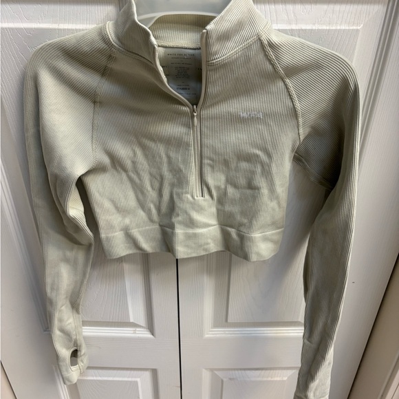 White Fox Boutique Tops - White Fox Cropped Half-Zip Pullover in Light Sage